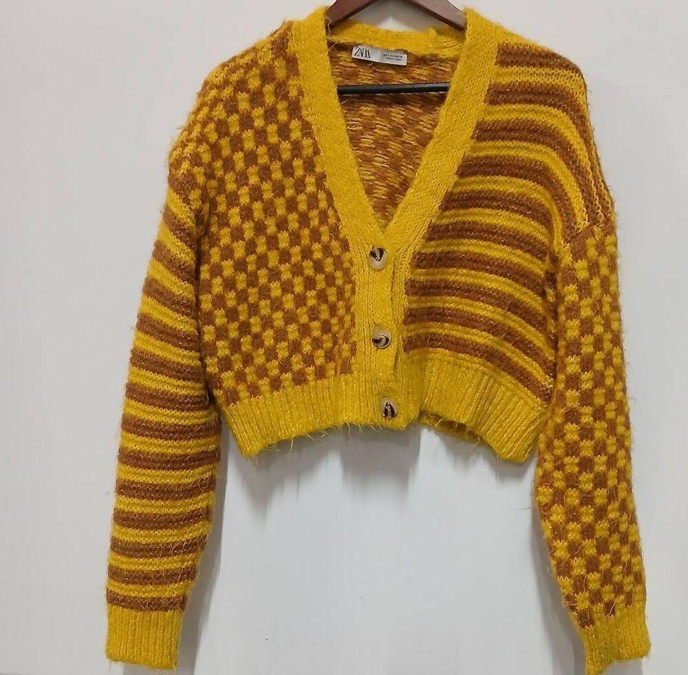 Zara womens small fuzzy sweater yellow brown cardigan boxy cropped soft chunky